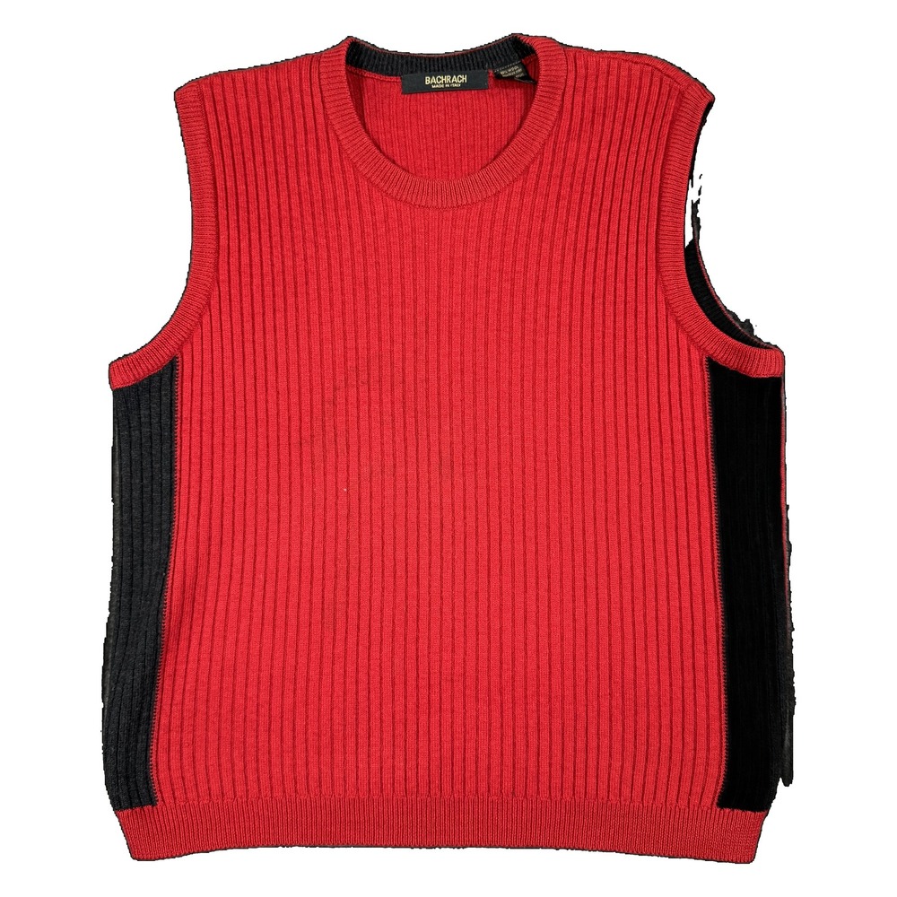 Bachrach Mens Red Black Ribbed Merino Wool Blend Sweater Vest Made in Italy L